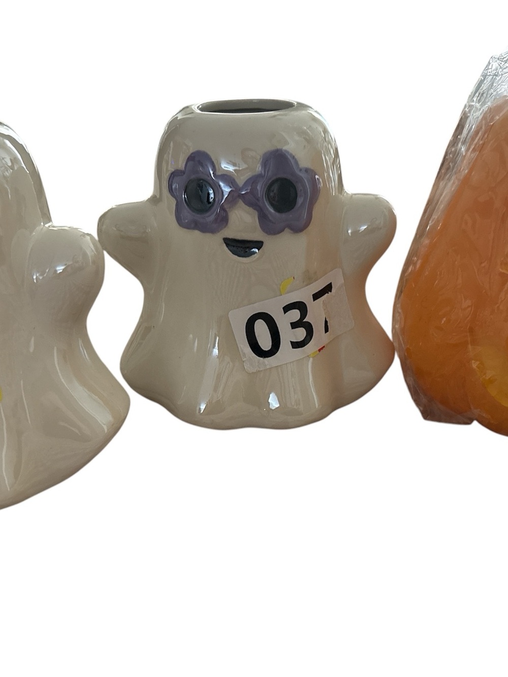 Kohl's White Ceramic Ghost with Purple Flower Sunglasses & LED pumpkin 🎃 candle